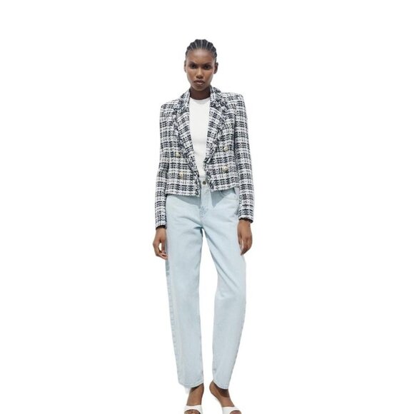 ZARA TEXTURED DOUBLE BREASTED BLAZER BLACK/WHITE SIZE M 2460/103 - Picture 1 of 3